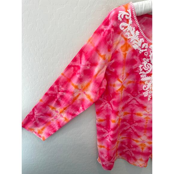 J. JILL Tunic Top Tie Dye Cotton Embroidered Boho Peasant Blouse | Petite Medium - Picture 3 of 8